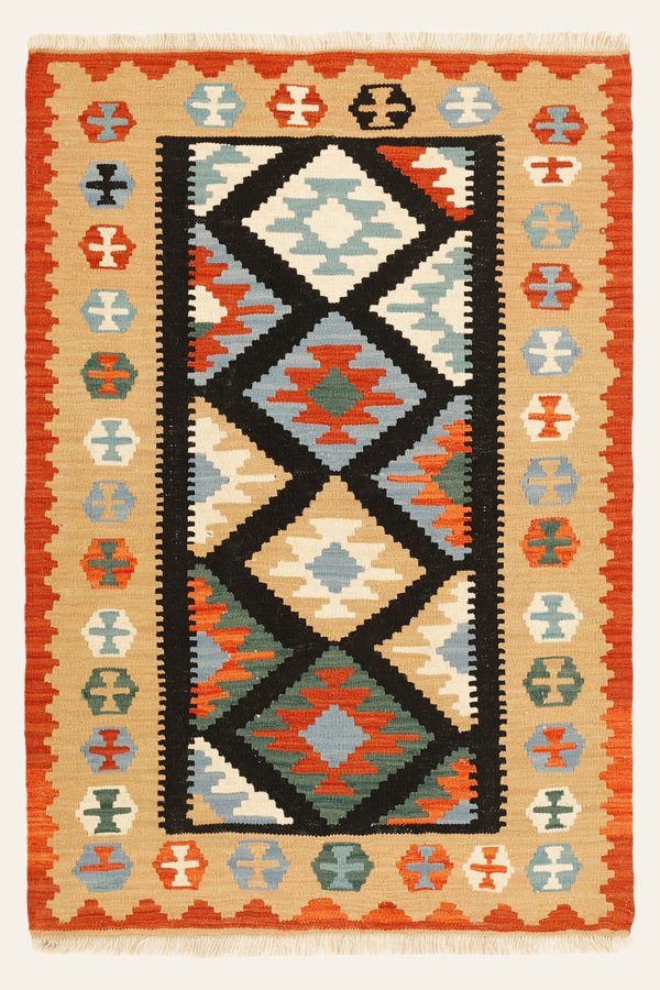 Kelim Teppich Schwarz Orange Beige, 100 × 149 cm