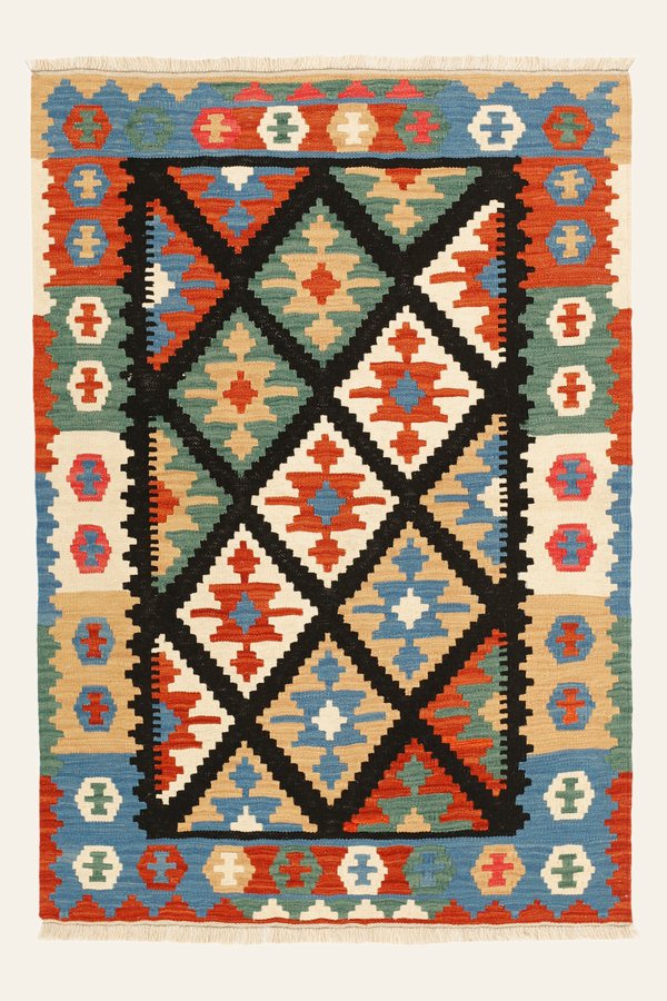 Kelim Teppich Schwarz Rot, 104 × 151 cm