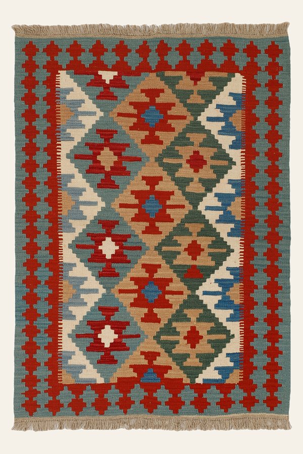 Kilim Rug in Grey Green and Red, 105 × 147 cm