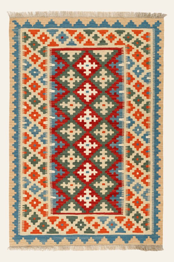 Kilim Rug in Red, Green and Cream, 102 × 149 cm
