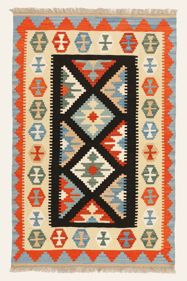 Kilim Rug in Cream and Black, 105 × 160 cm