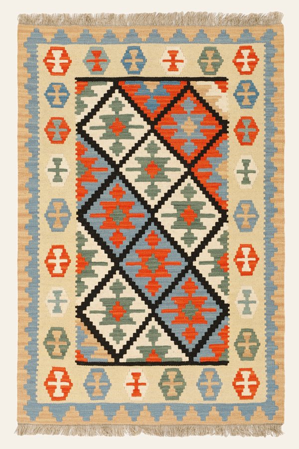 Kilim Rug in Cream and Orange, 102 × 152 cm