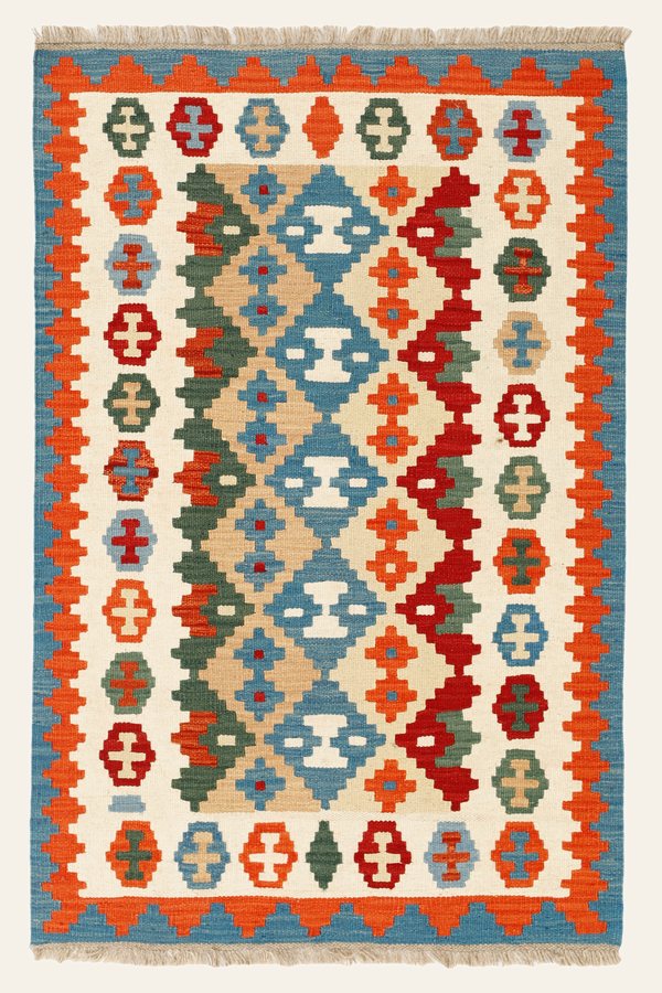Kilim Rug in Cream and Blue, 102 × 155 cm