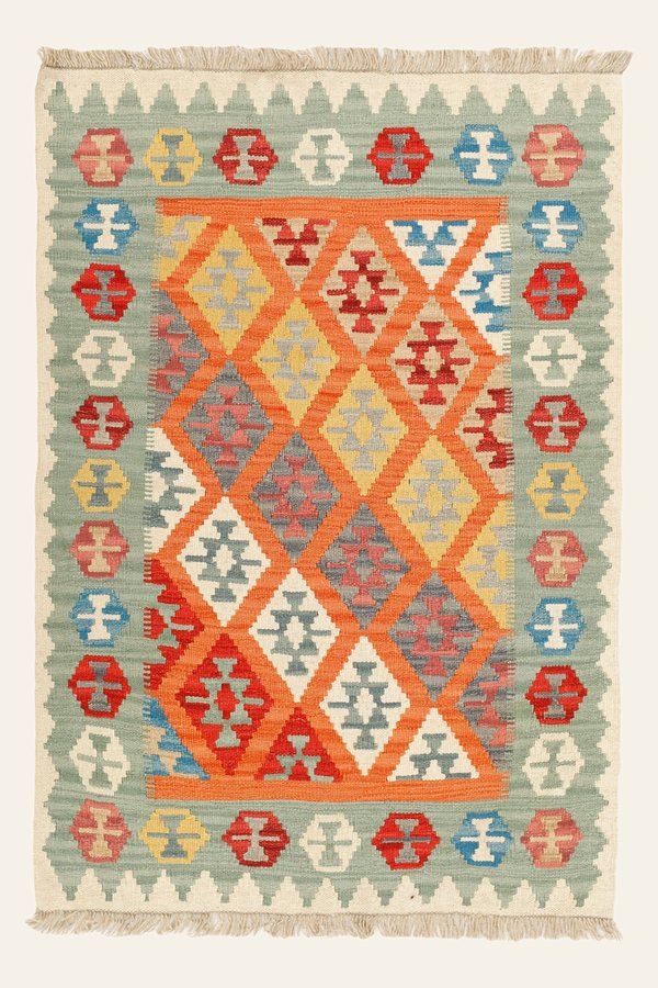 Kelim Teppich Orange Grün, 104 × 147 cm