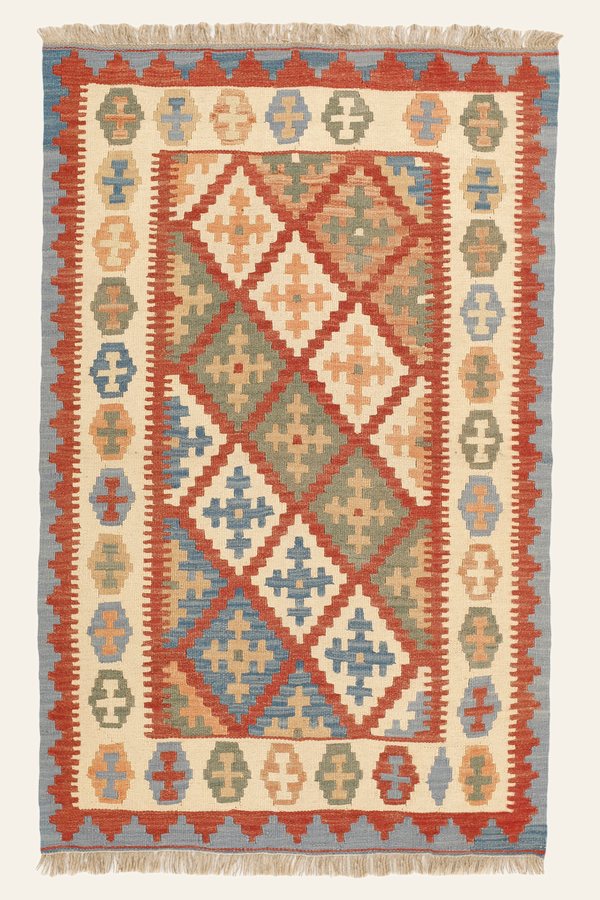 Kilim Rug in Cream and Sage Green, 100 × 158 cm