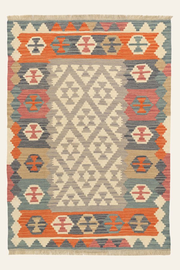 Kelim Teppich Grau Orange, 125 × 175 cm