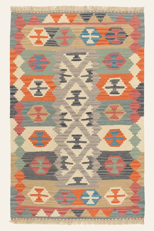 Kelim Teppich Grau Orange, 102 × 157 cm