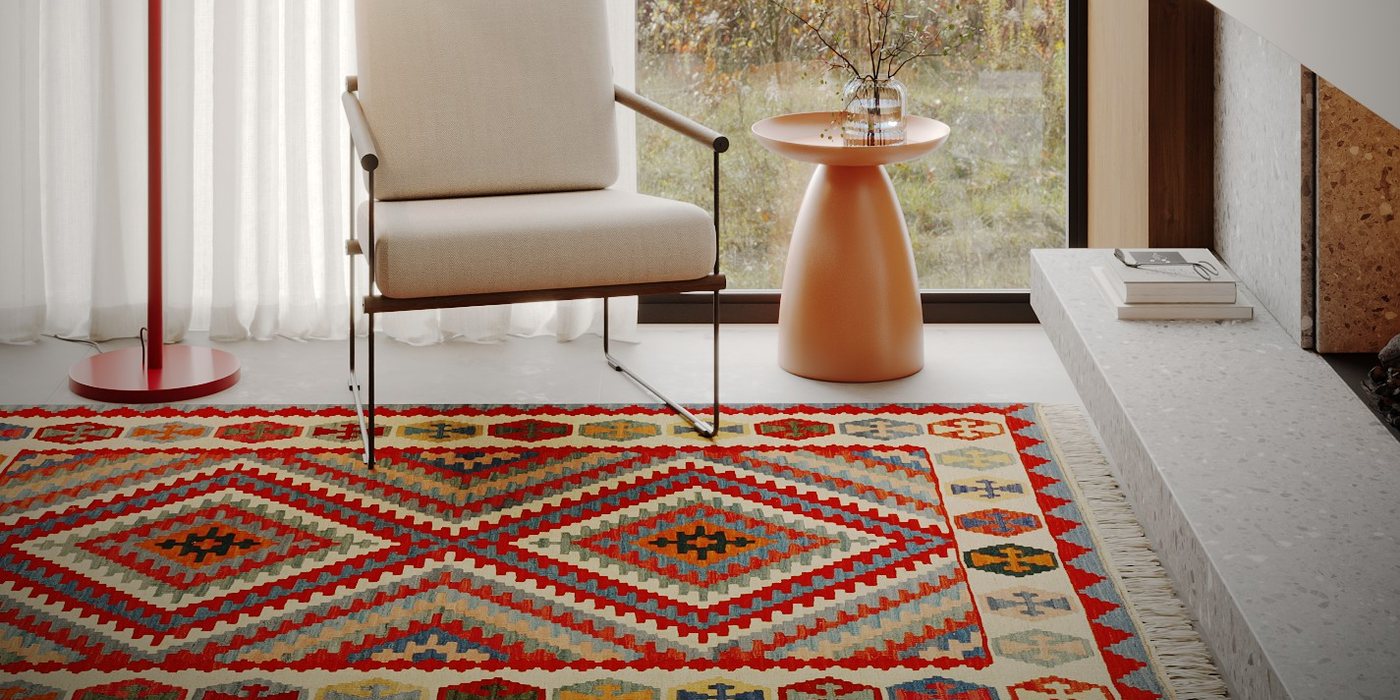 Handwoven wool rug in a light living room