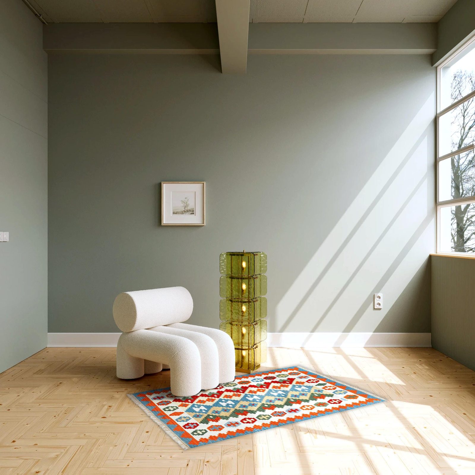 Kelim Teppich Creme Blau in einem hellen Wohnzimmer, in echter Größe