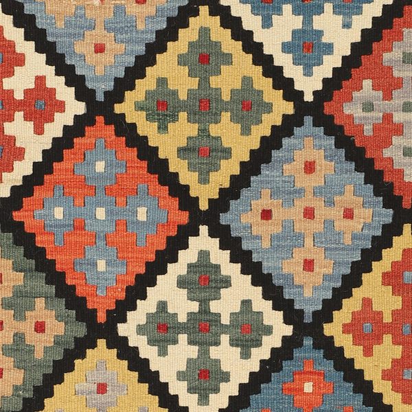 Nahaufnahme der Rauten in Rot, Gelb, Blau, Grün und Naturweiß zwischen schwarzen Linien
